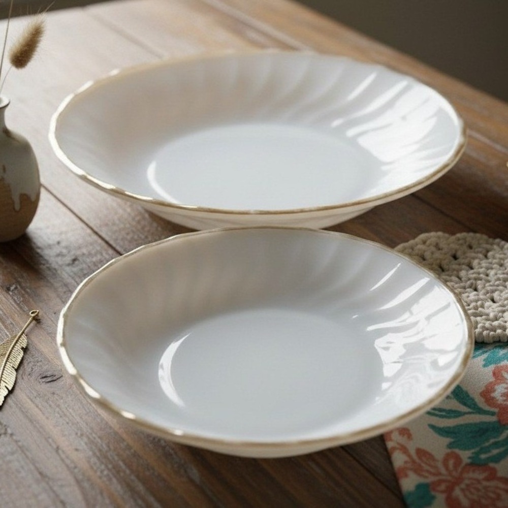 Anchor Hocking Swirl Golden Shell Luster Soup Bowls, Set of 2, Vtg Coupe Bowls